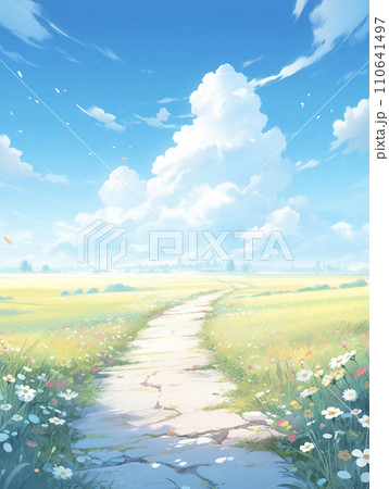 青空と緑と地平線に続く道の風景 AI画像 青空と緑と地平線に続く道の風景 AI画像 110641497