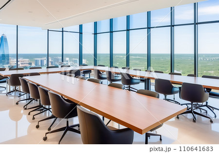 AI-generated content. The interior of a modern empty office building with tables and chairs. Floor-to-ceiling windows 110641683
