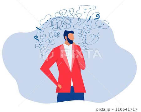 Man suffers from obsessive thoughts; headache; unresolved issues; psychological trauma; depression.Mental stress panic mind disorder illustration Flat vector illustration. 110641717