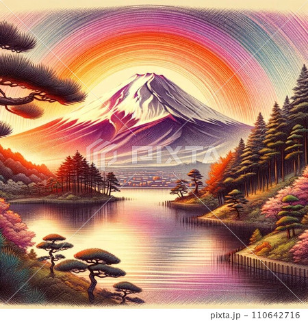 富士山夕焼け絵 現代 Amazon co jp 絵画 富士山に漂う夕焼け雲と霧