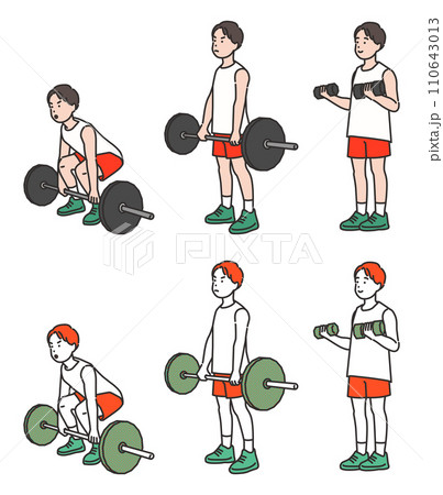 illustration of a man holding a dumbbell and a barbell illustration of a man holding a dumbbell and a barbell 110643013