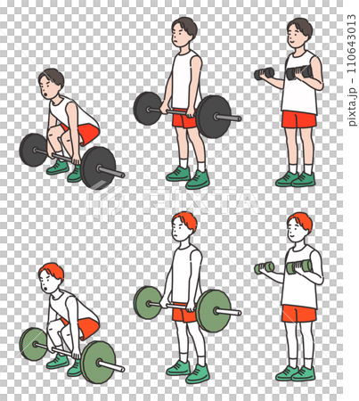 illustration of a man holding a dumbbell and a barbell illustration of a man holding a dumbbell and a barbell 110643013