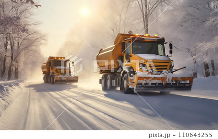 AI-generated content. Snow plow pickup trucks equipped for winter weather and efficient snow remove 110643255