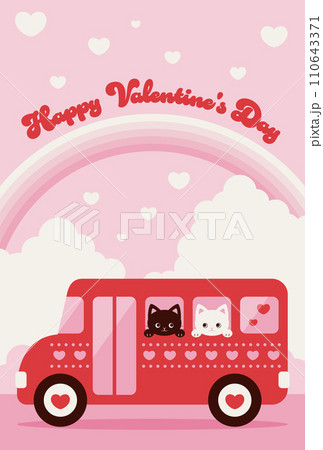 ハートのバスに乗った猫のバレンタインデー向け背景イラスト ハートのバスに乗った猫のバレンタインデー向け背景イラスト 110643371