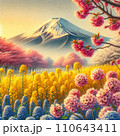富士山と満開の春花の色鉛筆画 110643411