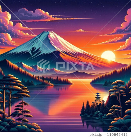 夕焼けに映える富士山の鮮やかなイラスト 110643412