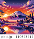 夕暮れ時の富士山と湖の風景イラスト 110643414