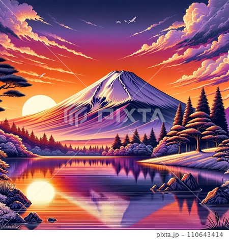 夕暮れ時の富士山と湖の風景イラスト 110643414