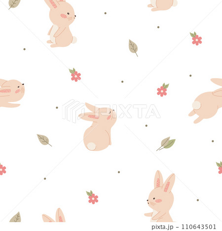 Seamless pattern with minimalistic childish bunny flowers. Cute vector illustration in pastel colors with floral elements, for design, fabric and textiles. 110643501