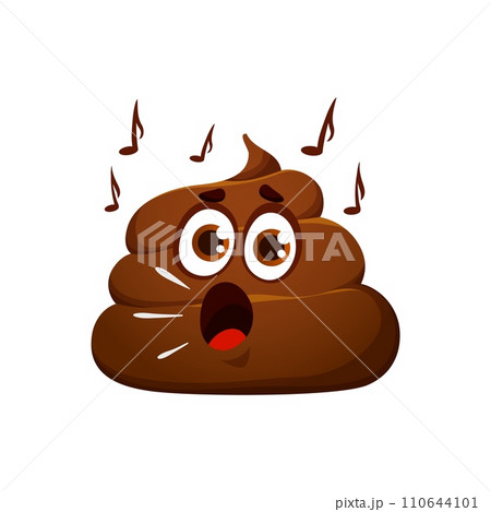 Cartoon poop emoji, funny poo excrement character, happy toilet shit emoticon. Isolated vector joyous feces personage takes center stage, belting out hilarious tune with musical notes floating around 110644101