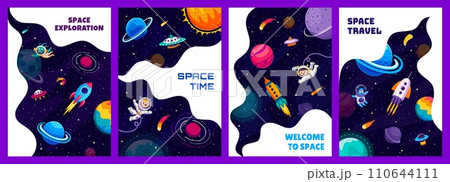 Space posters with cartoon spaceship and starship, kid astronauts and alien UFO, vector background. Galaxy planets and stars, kid spaceman on rocket spaceship with comets and asteroids in starry sky 110644111
