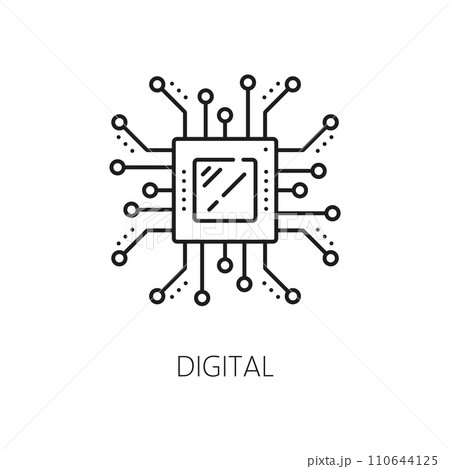 Digital processor, machine learning line icon of AI artificial intelligence algorithm, outline vector. Computer processor chip for AI robot brain or artificial intelligence and smart mind technology 110644125