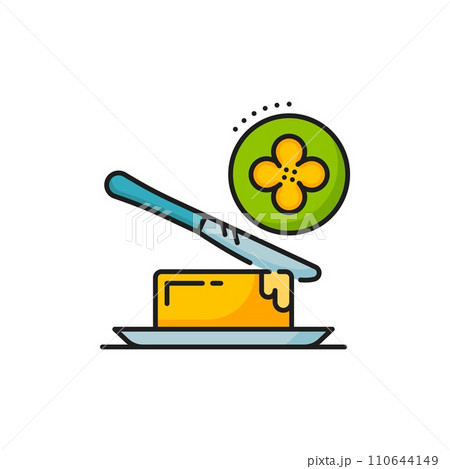 Rapeseed, canola butter icon, features a knife cutting golden, creamy block, resembling traditional butter but made from canola oil, representing a healthier and plant-based alternative 110644149