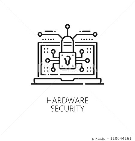 Electronics industry, computer software, app development hardware line icon. Hardware security, computer data safety and protection outline vector pictogram with laptop and lock, motherboard traces 110644161