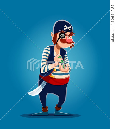 Cartoon cunning pirate captain, corsair sailor with playing cards. Vector wily robber with a sly grin, bandana and eye patch, deftly shuffles cards while plotting mischief with a mischievous glint 110644187