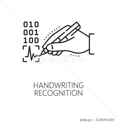 Handwriting biometric identification, recognition and verification icon. Signature secure identification, identity biometric verification outline vector icon with pen in human hand writing binary code 110644189
