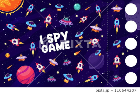 I spy game worksheet with space rockets, planets, UFO and aliens, vector quiz for kids. Puzzle to find and match same cartoon alien UFO and rocket spaceship, starship and spacecraft in galaxy space 110644207