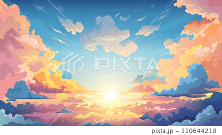 Sky sunset anime background with clouds, that dance across the horizon, creating a breathtaking and serene backdrop. Cartoon vector cumulonimbus cloudscape, heaven, nature peaceful dusk landscape 110644218