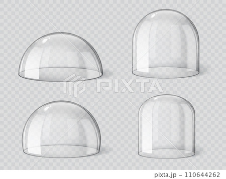 Glass dome, isolated glossy bell sphere or transparent cover, realistic vector 3D. Glass dome or empty protection display, plastic hemisphere or showcase exhibition case jar and spherical globe 110644262