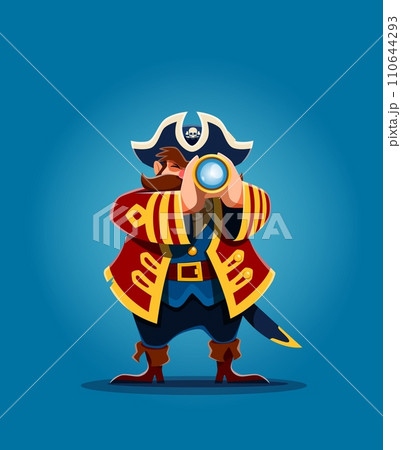 Cartoon pirate captain with spyglass, funny corsair sailor character. Vector mustached, fat filibuster in tricorn peers through a brass spyglass, searching horizon for buried treasures and adventure 110644293