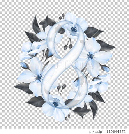 8 March greeting card template with number eight, blue flowers and leaves. Happy International Women's Day. Hand drawn illustration for poster, banner, social media 110644571