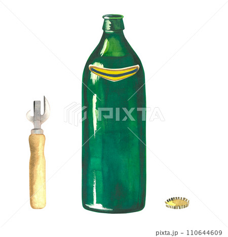 Watercolor illustration of a green glass beer bottle, cap and opener. Drawn by hand, isolated on a transparent background. For posters and beer business 110644609