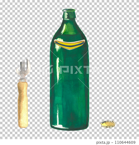 Watercolor illustration of a green glass beer bottle, cap and opener. Drawn by hand, isolated on a transparent background. For posters and beer business 110644609