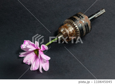 Old rusty drill head and chrysanthemum on a black background. 110645045
