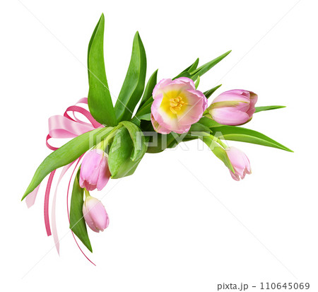 Pink tulip flowers and silk ribbon bow in a corner floral arrangement isolated on white Pink tulip flowers and silk ribbon bow in a corner floral arrangement isolated on white 110645069