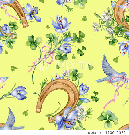 Lucky symbol horseshoe and flowers in botanical art watercolor seamless pattern isolated on yellow. Painted saffron, clover and bird. Design for St.Patricks day,Easter, spring banner, paper, textile Lucky symbol horseshoe and flowers in botanical art watercolor seamless pattern isolated on yellow. Painted saffron, clover and bird. Design for St.Patricks day,Easter, spring banner, paper, textile 110645382