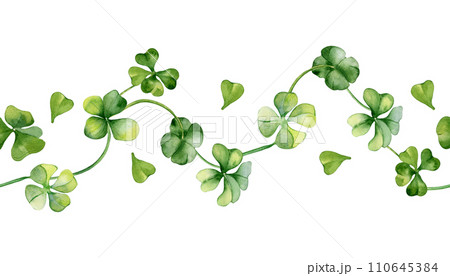 Seamless border with shamrock watercolor illustration isolated on white. Painted green four leaves. Hand drawn clover Irish symbol. Design element for St.Patricks day postcard, package, web banner 110645384