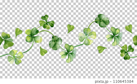 Seamless border with shamrock watercolor illustration isolated on white. Painted green four leaves. Hand drawn clover Irish symbol. Design element for St.Patricks day postcard, package, web banner 110645384
