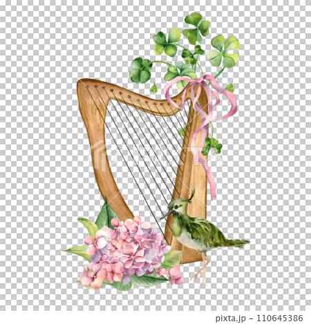 Harp with clover in botanical art watercolor illustration isolated on white. Painted shamrock and bird. Irish symbol and spring flowers hand drawn. Design for St.Patricks day,Easter, springtime 110645386