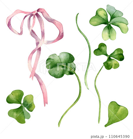 Watercolor set shamrock and ribbon illustrationのイラスト素材