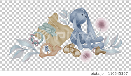 Illustration with girl dress and soft toy with abstract plants isolated on white. Hand drawn plush bunny and dandelion. Baby print in pastel shades. Elements for birthday card, poster, girl room Illustration with girl dress and soft toy with abstract plants isolated on white. Hand drawn plush bunny and dandelion. Baby print in pastel shades. Elements for birthday card, poster, girl room 110645397