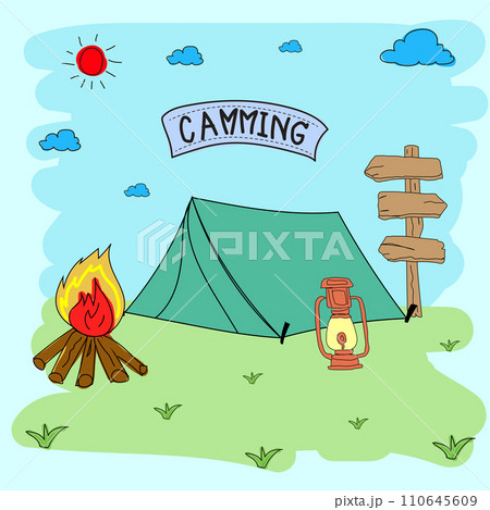 Camping hand drawn doodle vector illustration. Camping concept. Camping hand drawn doodle vector illustration. Camping concept. 110645609