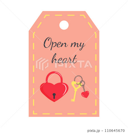 Valentines Day tag with heart lock and key. Open my heart lettering. Valentines Day tag with heart lock and key. Open my heart lettering. 110645670
