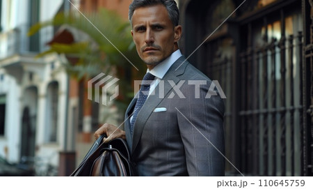Suited executive gracefully multitasks, proving elegance thrives even in bustling urban environments Suited executive gracefully multitasks, proving elegance thrives even in bustling urban environments 110645759