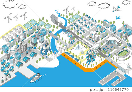 アイソメトリック・港町のジオラマイラスト(白背景) アイソメトリック・港町のジオラマイラスト(白背景) 110645770