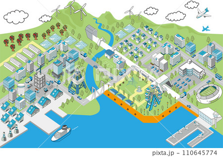 アイソメトリック・港町のジオラマイラスト港町（ブルー） 110645774