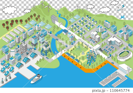 アイソメトリック・港町のジオラマイラスト港町（ブルー） 110645774