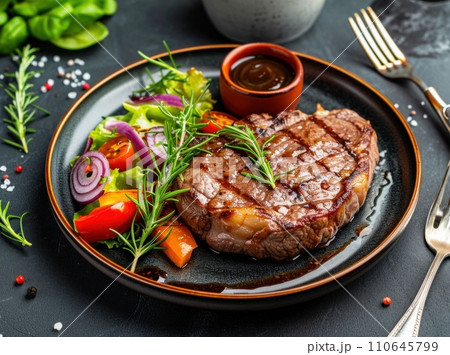 a steak in a plate with vegetables, cutlery, and sauce a steak in a plate with vegetables, cutlery, and sauce 110645799