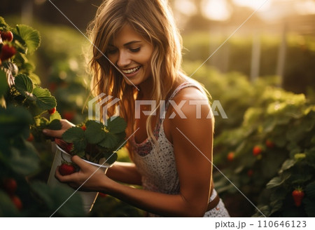 a woman is picking strawberries in the field, joyful and optimistic 110646123