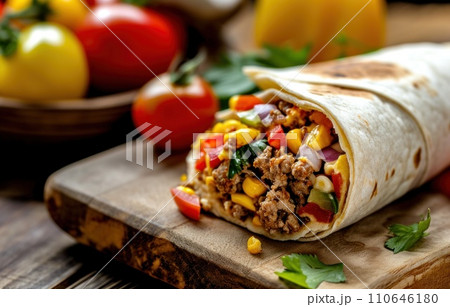wrap is laying on board next to tomato 110646180