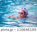 Asian child or kid girl wearing swimming suit to learning on swimming pool , learn and training swim on kick board 110646189