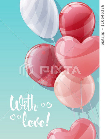ard design for Valentine s Day and Mother s Day. Poster, banner with balloons on a blue background. Background with flying helium balloons in the shape of hearts. ard design for Valentine s Day and Mother s Day. Poster, banner with balloons on a blue background. Background with flying helium balloons in the shape of hearts. 110646326