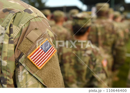 American Soldiers and Flag of USA on soldiers arm. US Army. Veteran Day 110646400