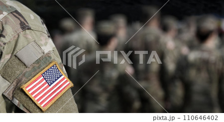 Veterans Day. US soldiers. US army. USA patch flag on the US military uniform. United States Armed Forces. 110646402