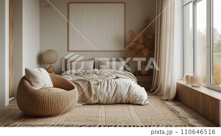 a bedroom with furniture, pillows, and a chair a bedroom with furniture, pillows, and a chair 110646516