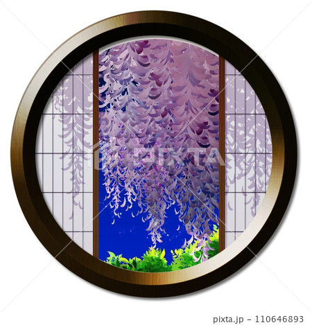 丸窓から見える月に照された藤のある風景 110646893